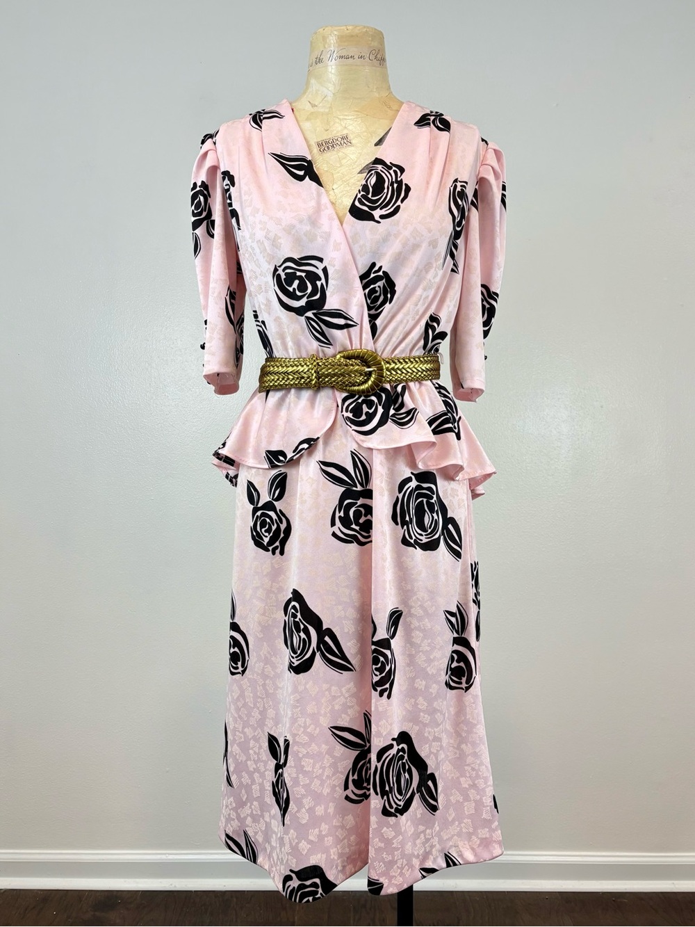 VTG 1980s Black Rose Pink Peplum Dress